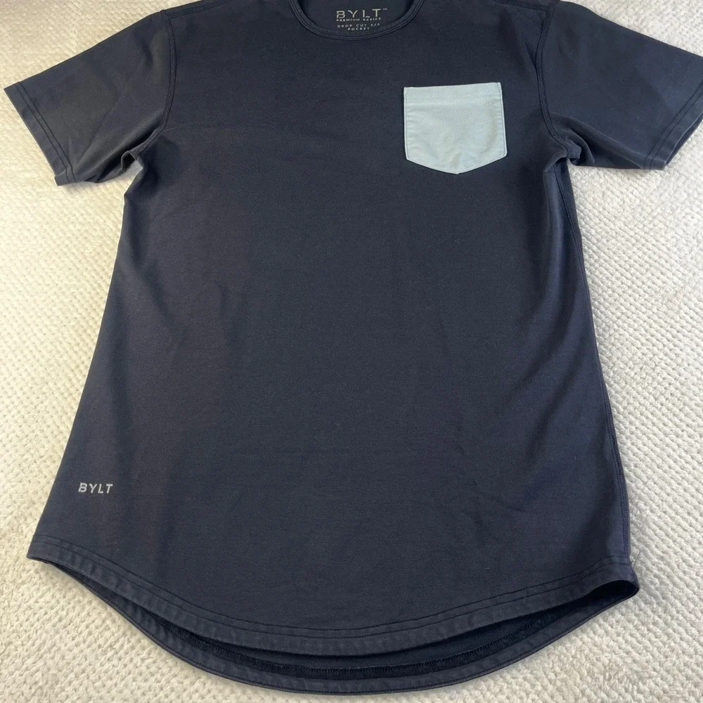 BYLT Premium Basics Drop Cut Lux Pocket T-Shirt Mens Small Navy Blue S/S Tee‎